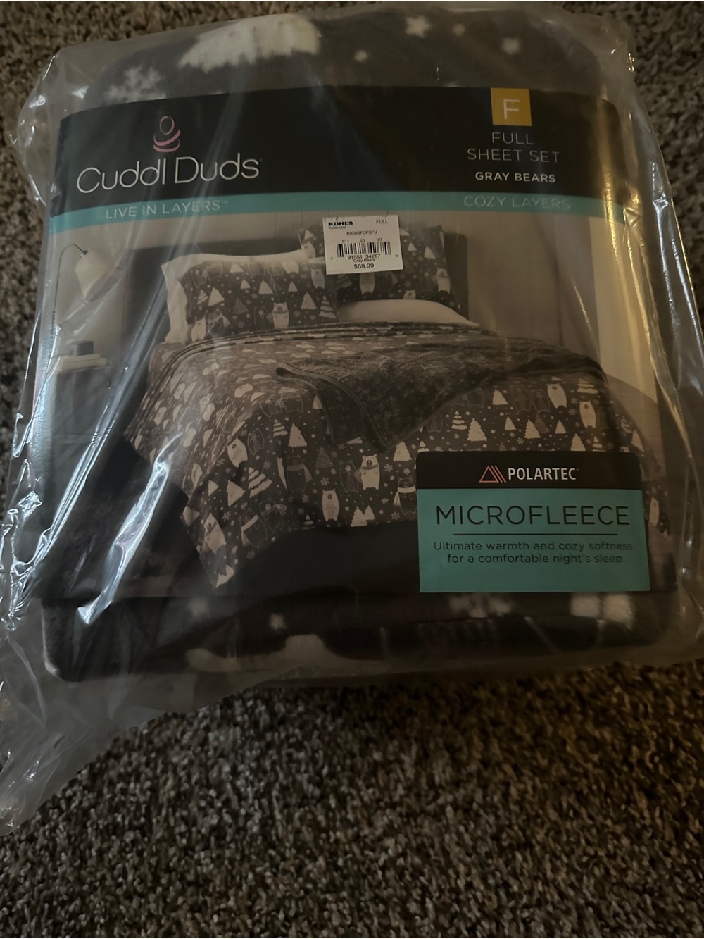 Cuddl Duds Full Microfleece Sheet Set in Gray with White Bear Print